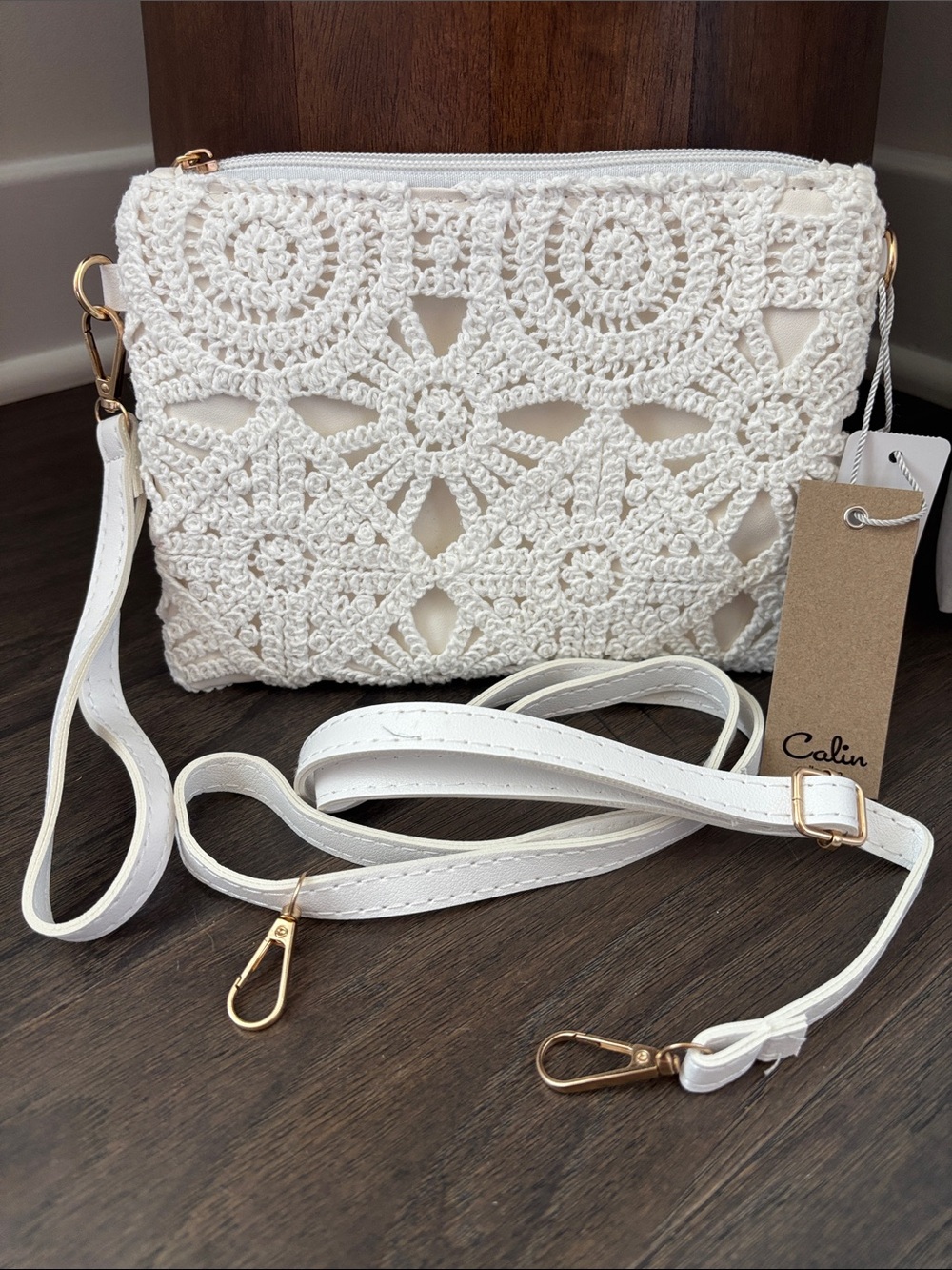 Calin Collection Crocheted geometric Wristlet/Crossbody,zip top,trendy